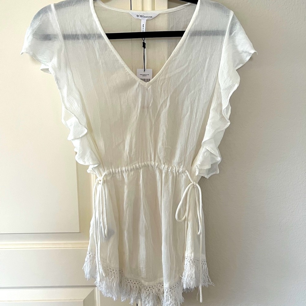BCBG white sheer cover-up dress with detailed fringe. Size extra small. New